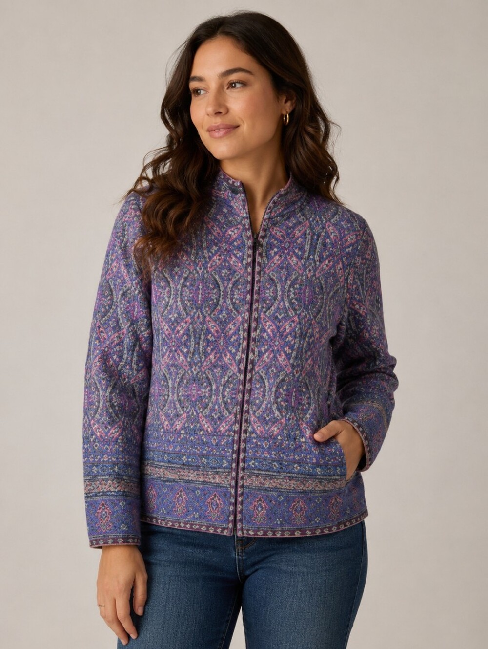 Pendleton 100% Merino Wool Full Zip Front Sweater Size Small Geometric Purple